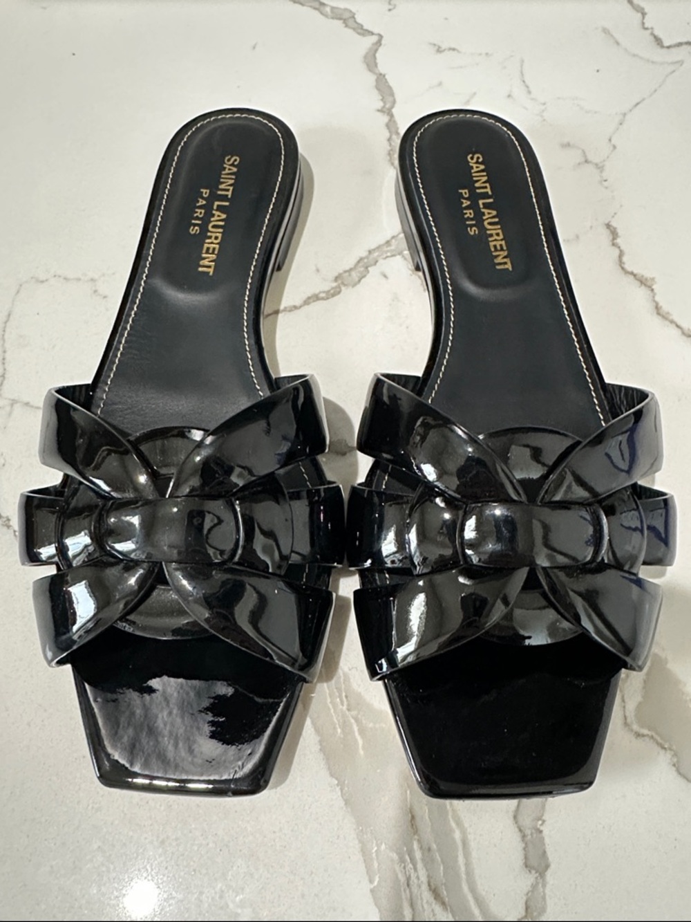Saint Laurent Black woven leather sandal slide- patent- Tribute Sandals